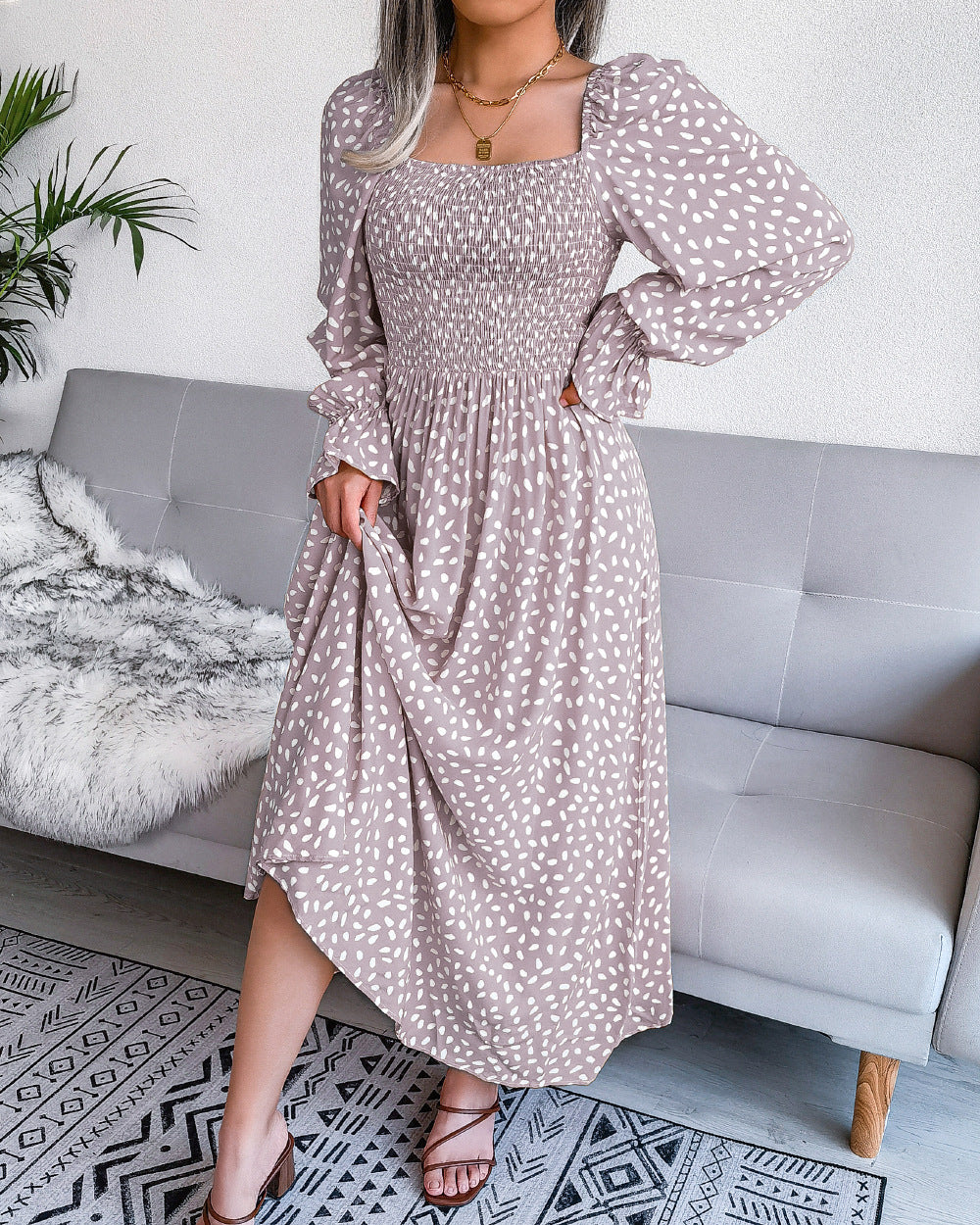 Dresses Pleated Maxi Square Neck Long Sleeve Casual Cotton