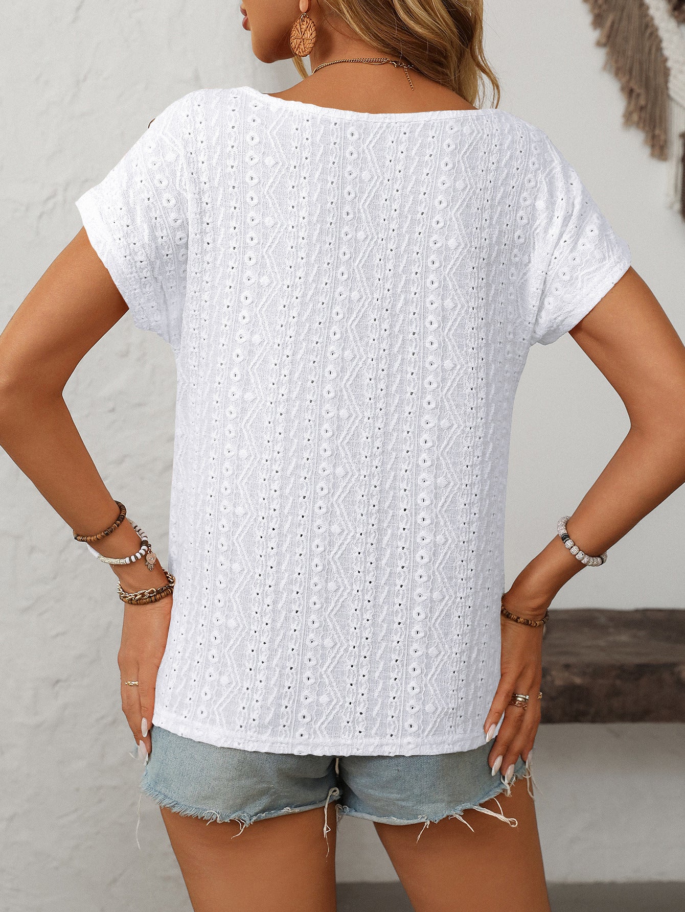 Solid Crewneck Button Short-sleeved Cut-out Top