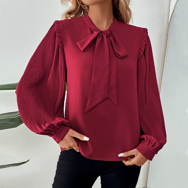 Lantern Long Sleeve Bow Neck Solid Color Women's Shirt