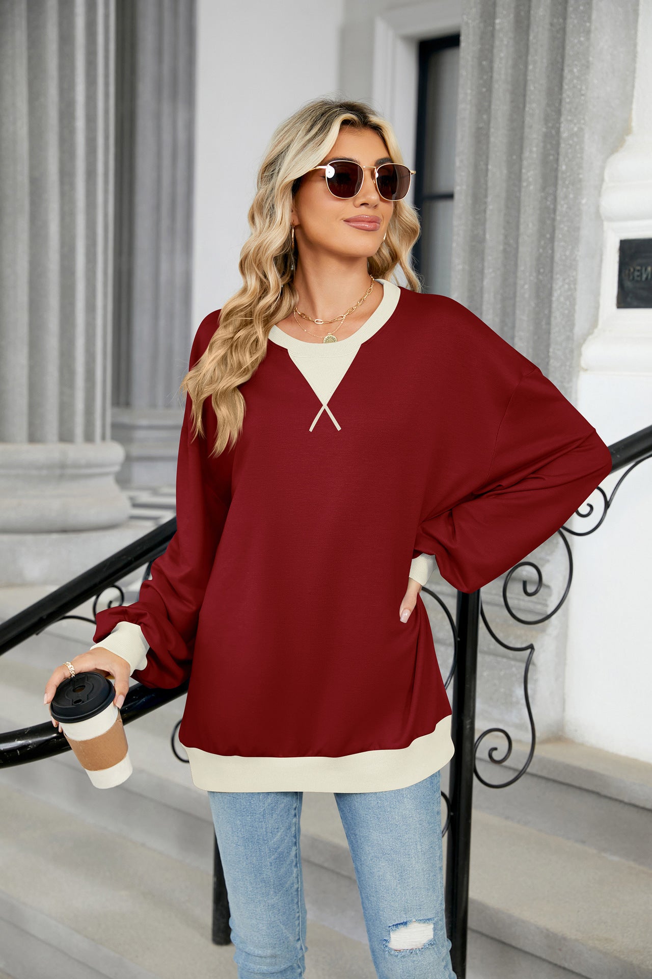 Contrasting Color Round Neck Loose Long-sleeved Sweater