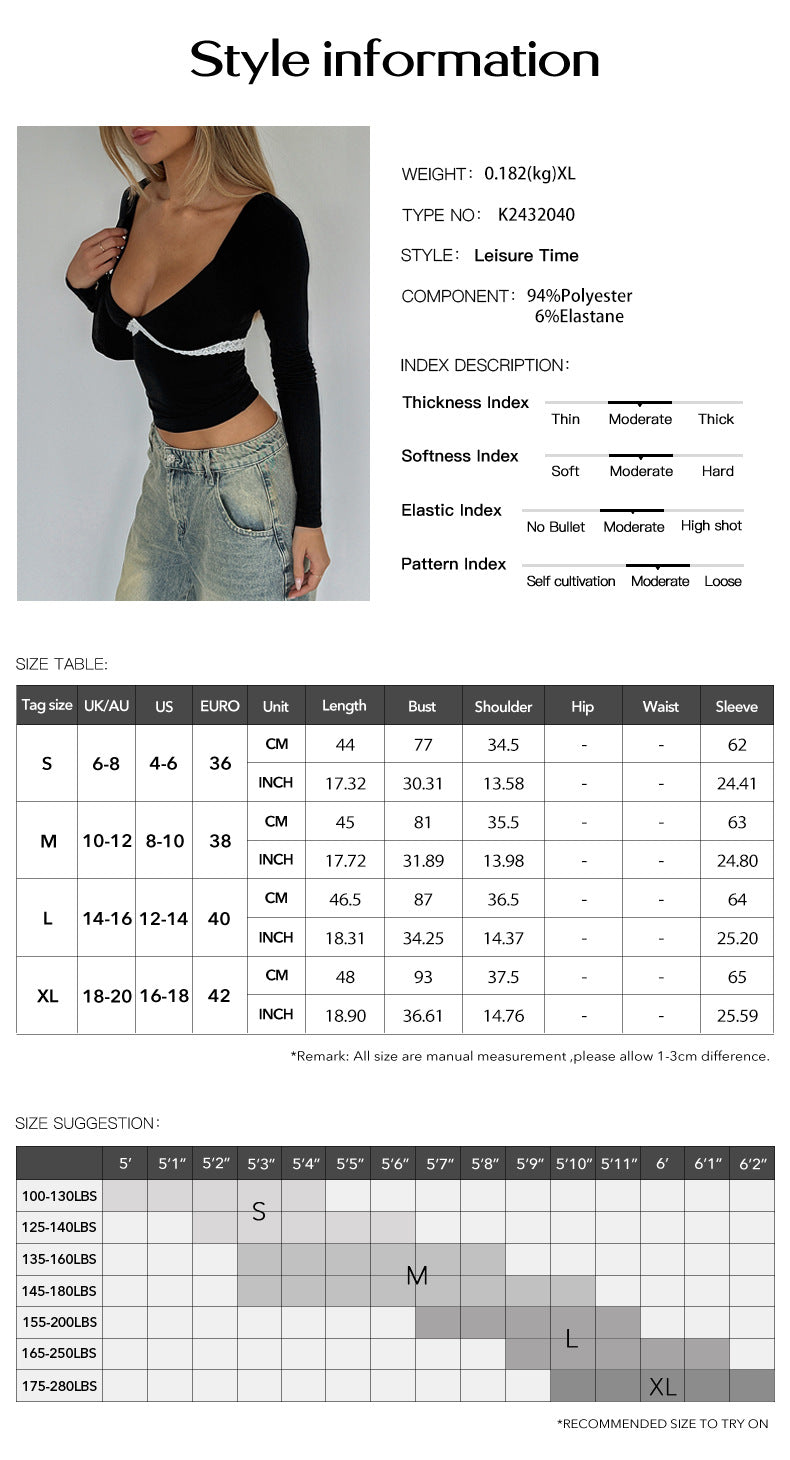 Deep V Neck Cross Wrap Top Long Sleeve T-Shirts