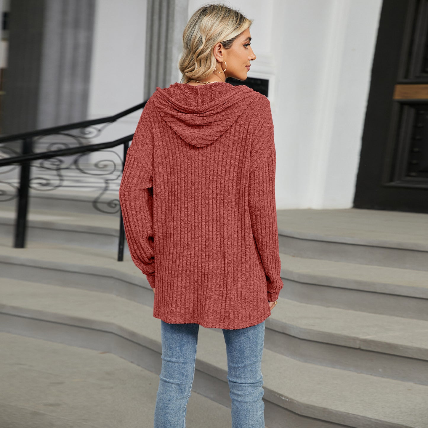 Solid Color Hooded Button-down Sweater