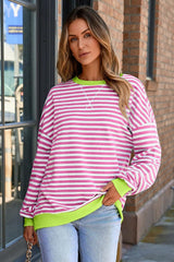 Women Color Striped Crew Neck Loose Sweatshirt Sweater