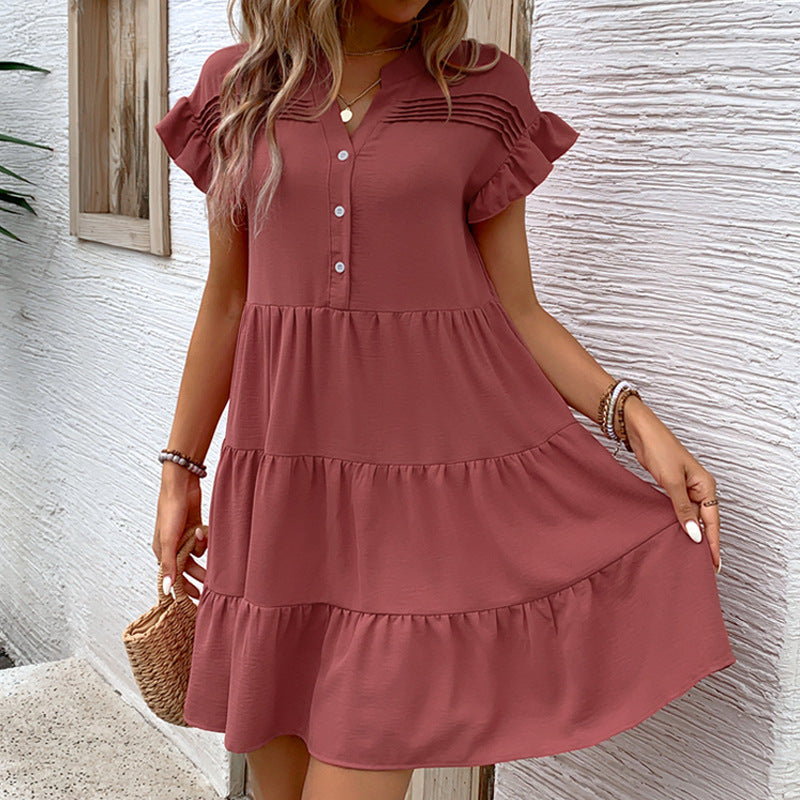 Simple Casual Dress Button Ruffled Wild Skirt