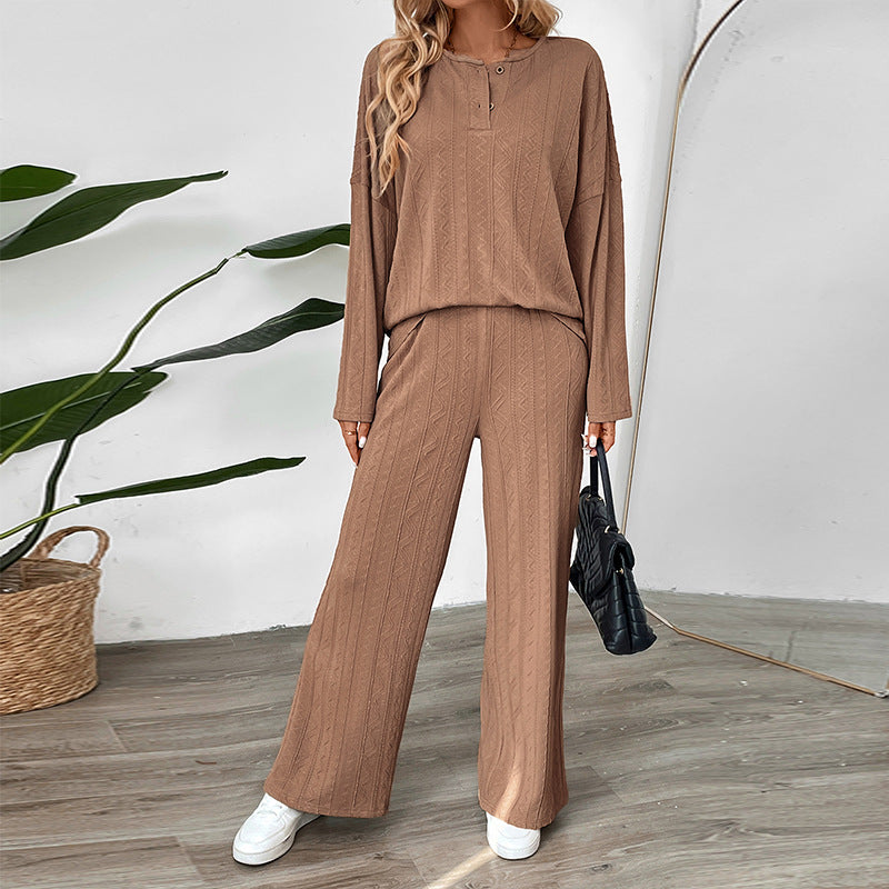 Button-down Texture Fabric Solid Color Wide-leg Pants Set