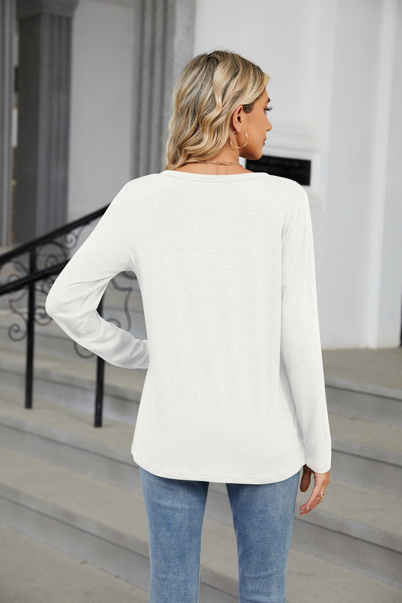 V-neck Long-sleeved Loose T-shirt Solid Color Top