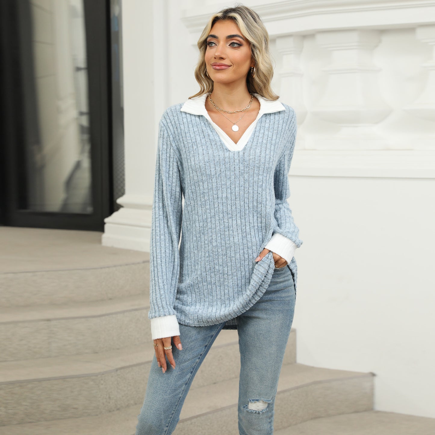 Contrasting Lapel Long Sleeve Loose T-Shirt Top