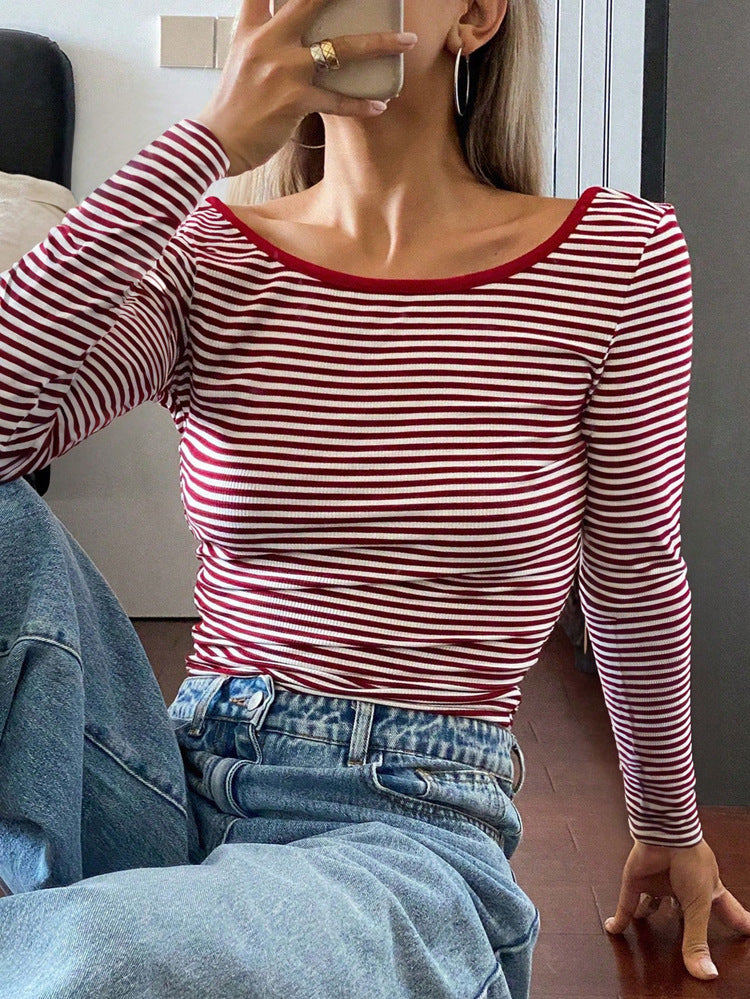 Top Striped Contrasting Halter Long-sleeved T-shirt