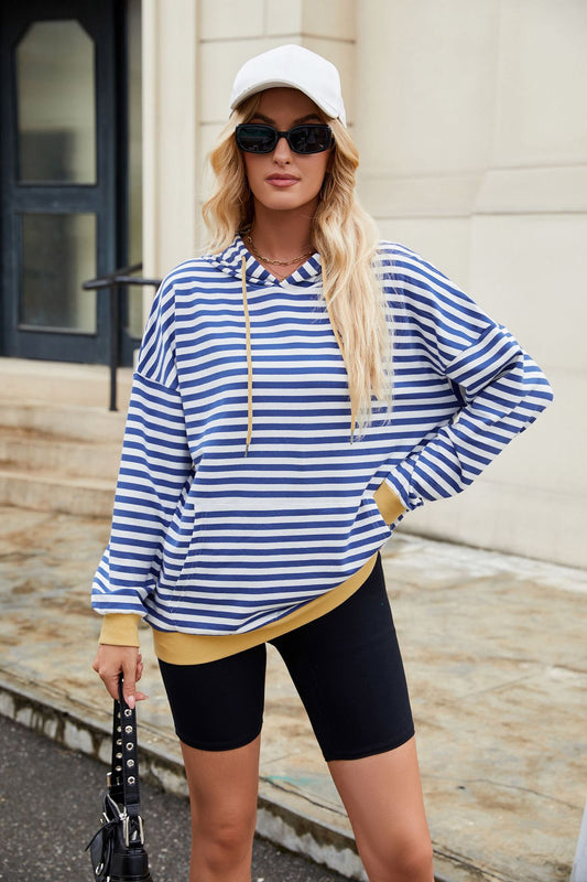 Striped Contrast Casual Hooded Loose Pocket Sweater