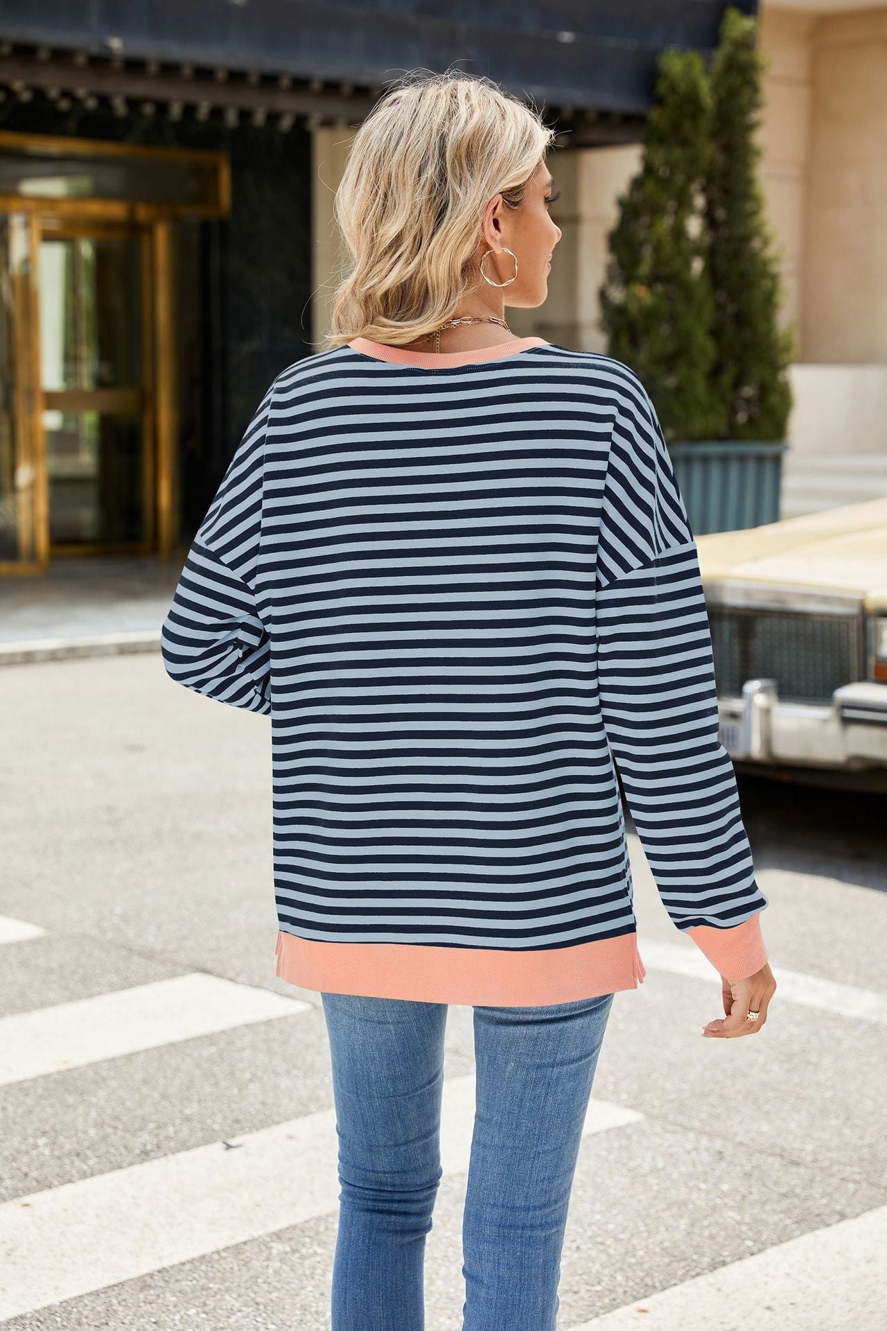 Contrasting Crew Neck Split Long Sleeve Loose Striped Sweater