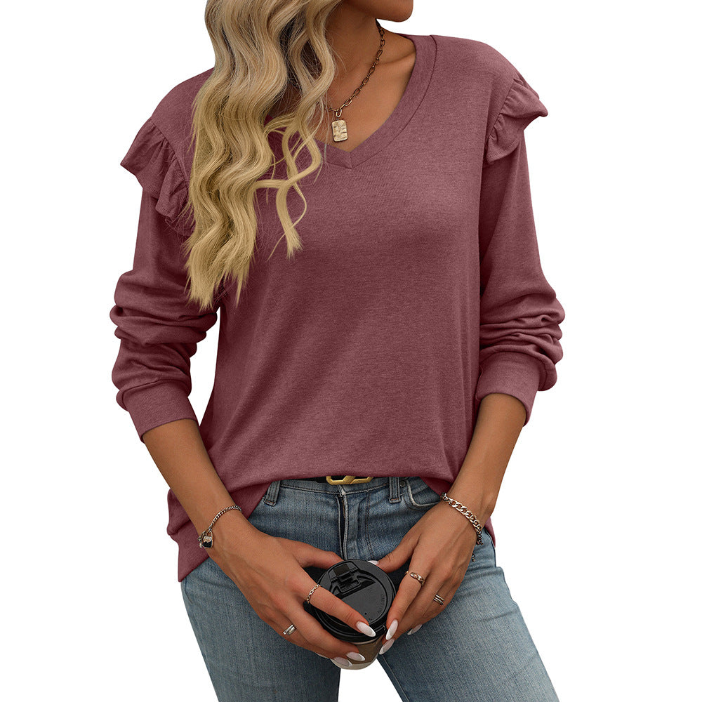 Solid Color Casual Flying Sleeve V-neck Long Sleeve T-shirt