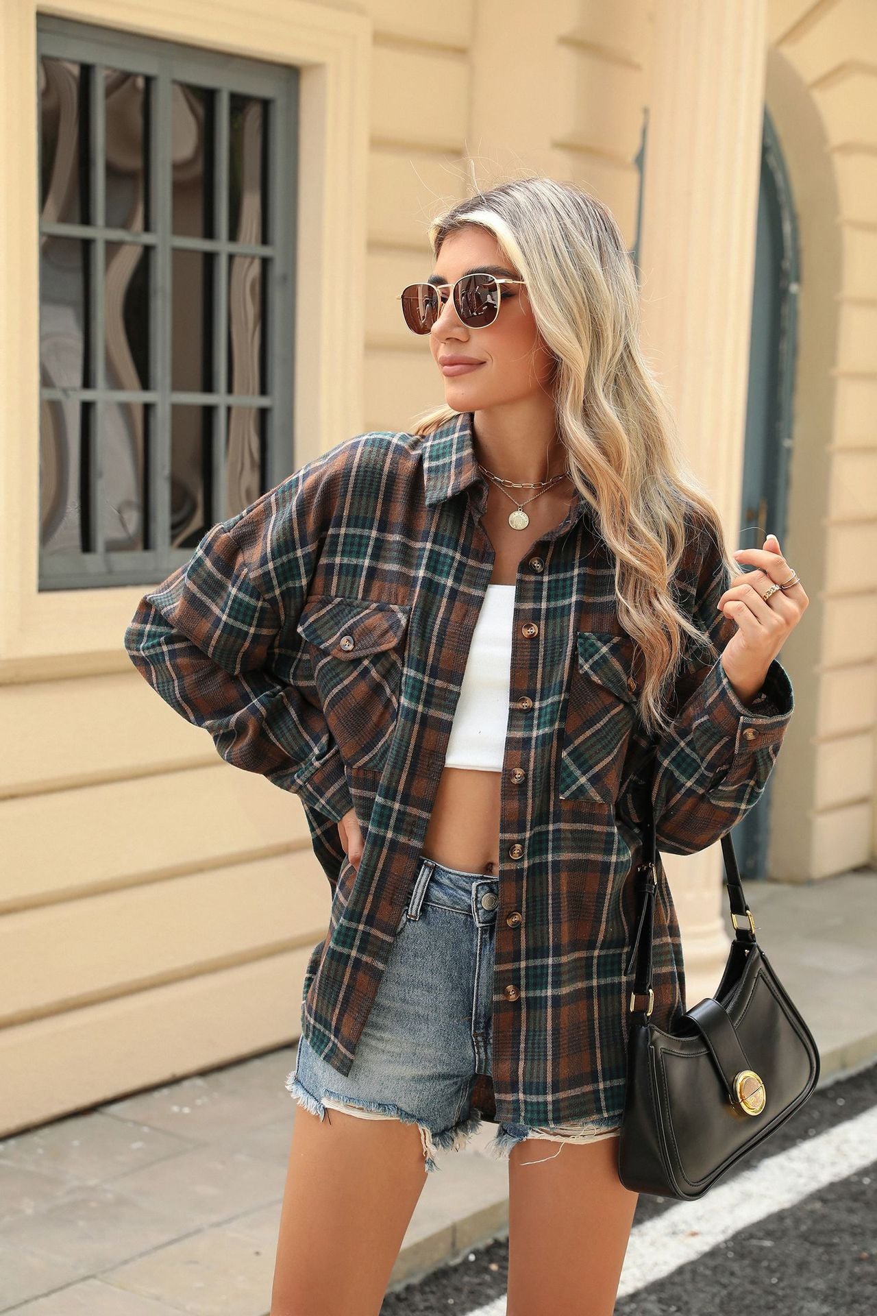 Lapel Pocket Loose Long Sleeve Plaid Shirt