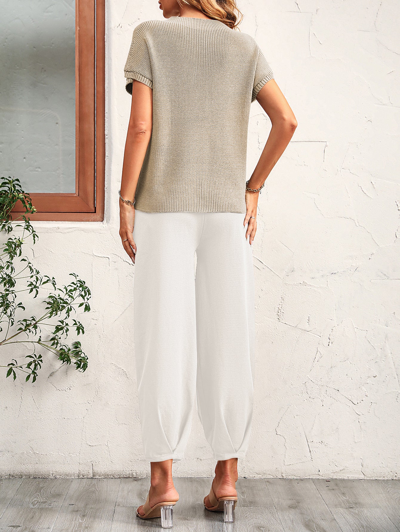 Short Sleeve Long Pants Sweater Two Piece Set