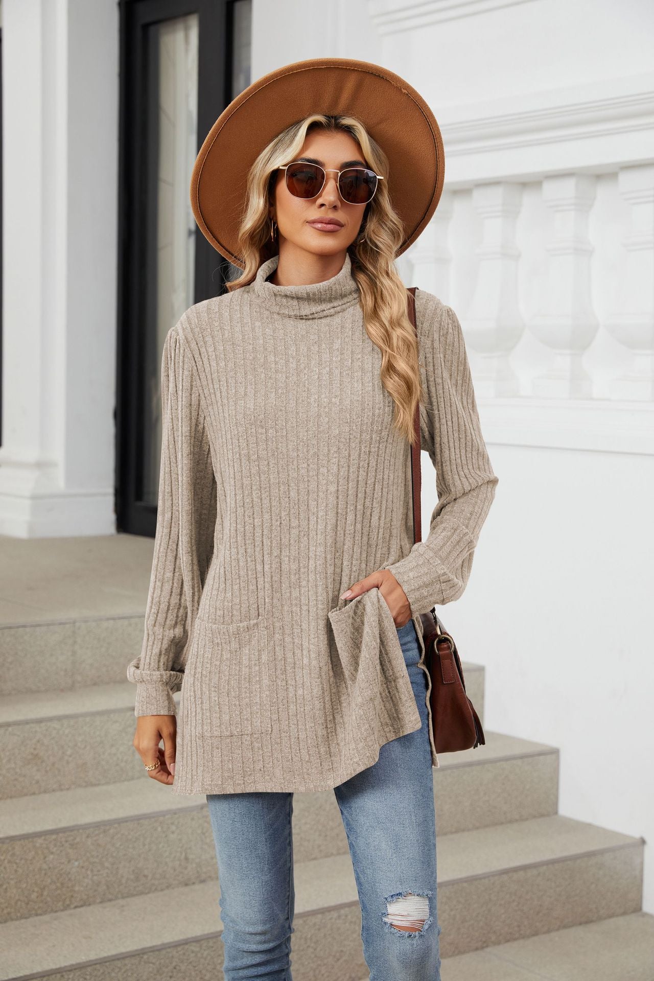 Half Turtleneck Loose Split Pocket T-shirt Top