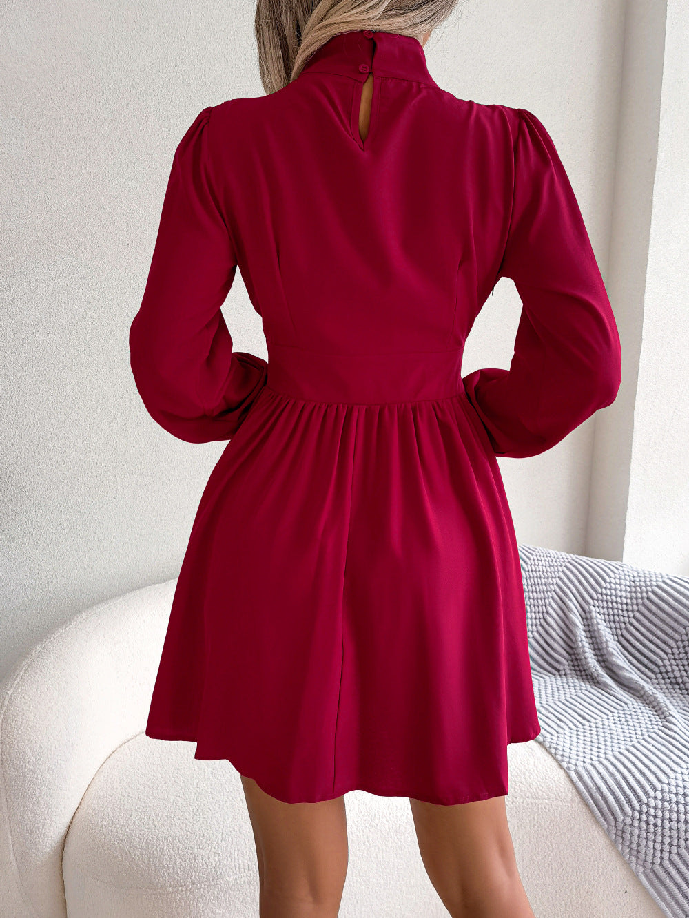 High Collar Long Sleeve Casual Sexy Cutout Waist-Slimming Swing Dress