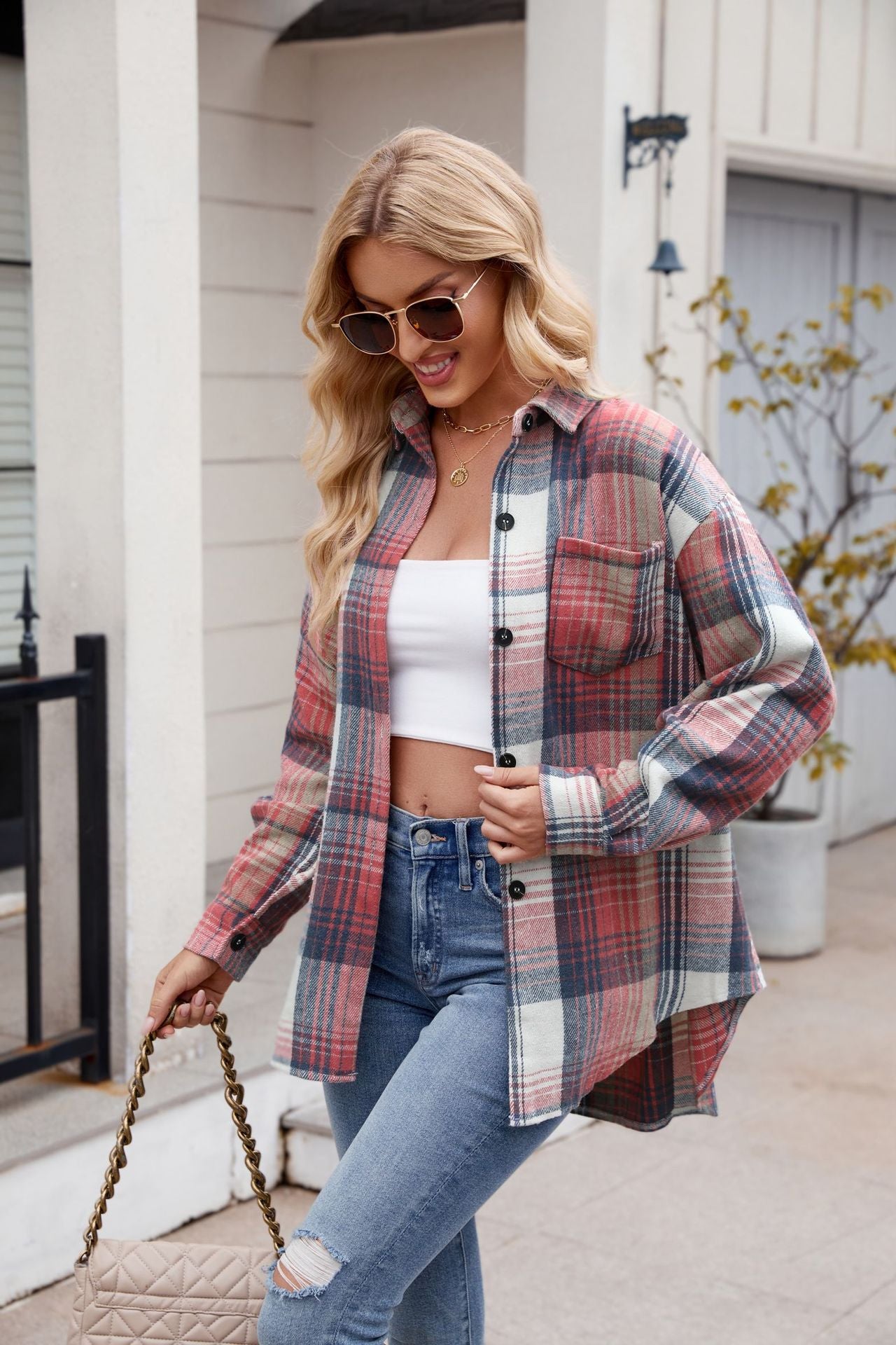 Women's Clothing Plaid Button-up Flannel Shirt