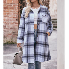 Women's Casual Flannel Plaid Shirt Long Jacket