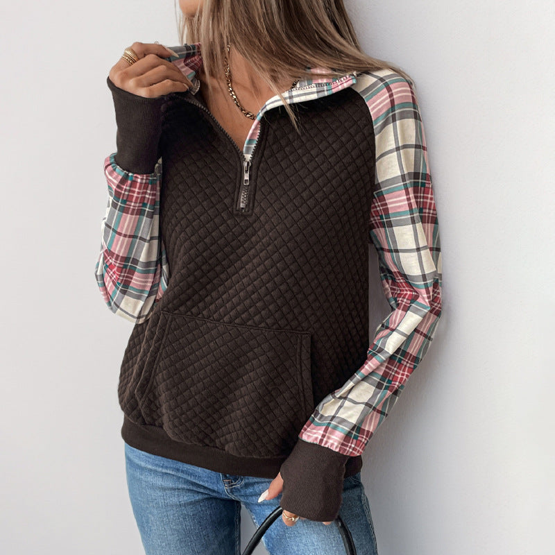 Women's Plaid Retro Splicing Retro Texture Pullover Sweater