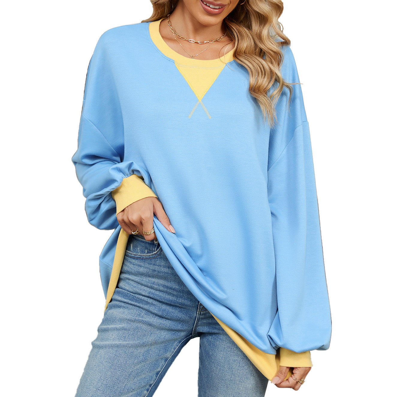 Contrasting Color Round Neck Loose Long-sleeved Sweater