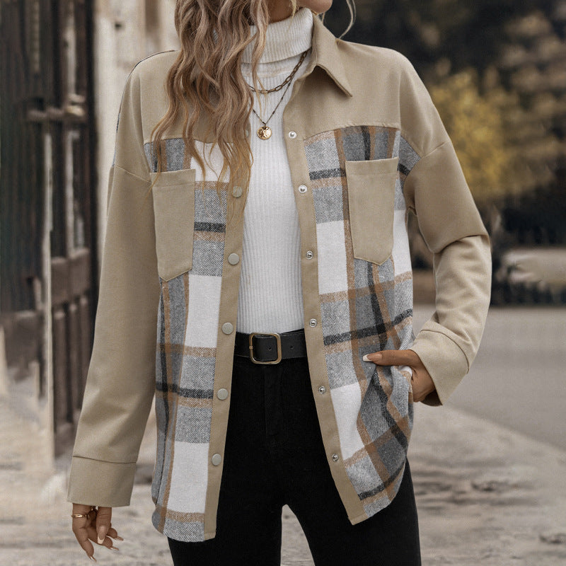 Lapel Plaid Long-sleeved Jacket Single-breasted