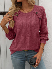 Crew neck polished solid color top long sleeve button