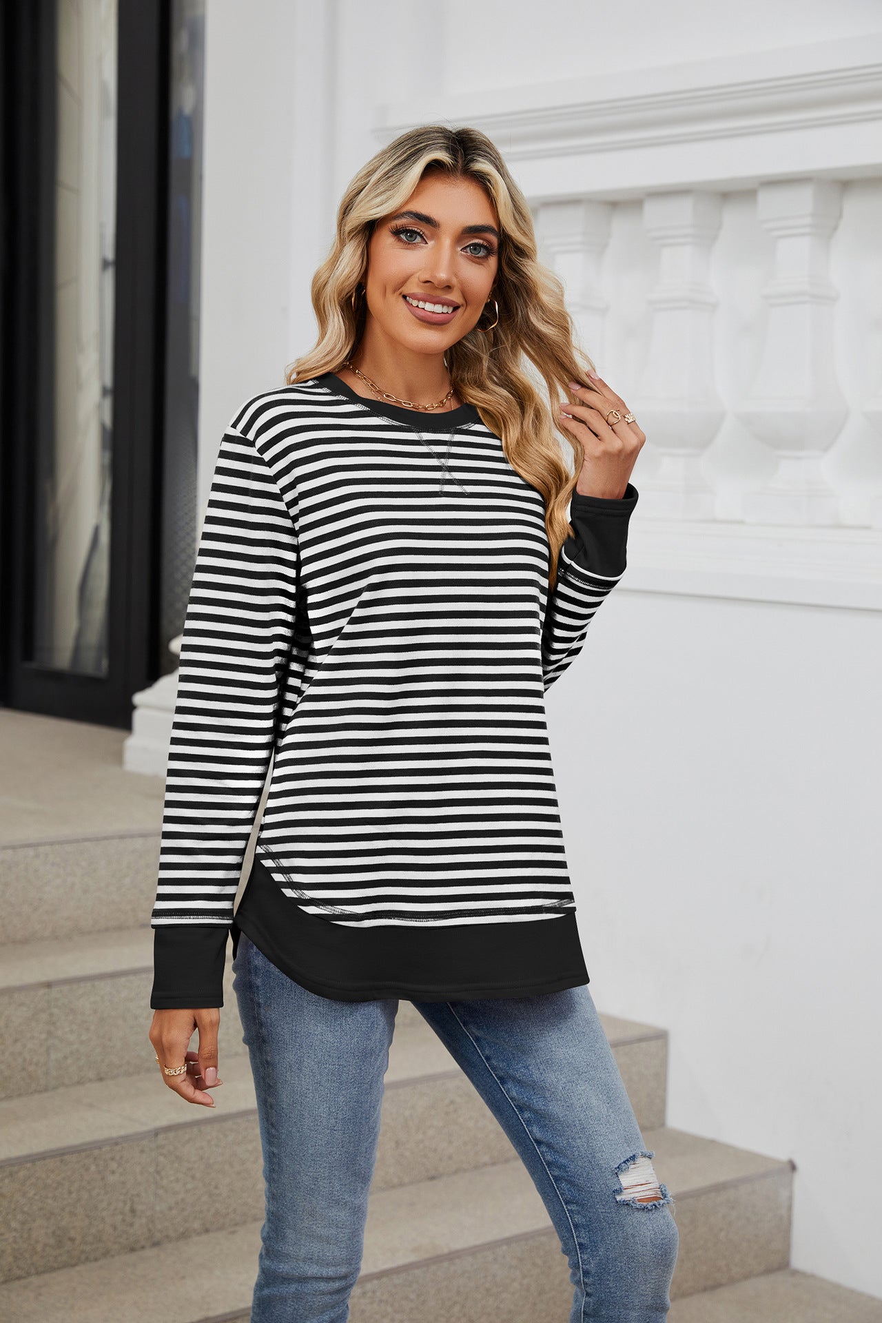 Striped Contrast Color Crew Neck Loose Long Sleeve Sweater