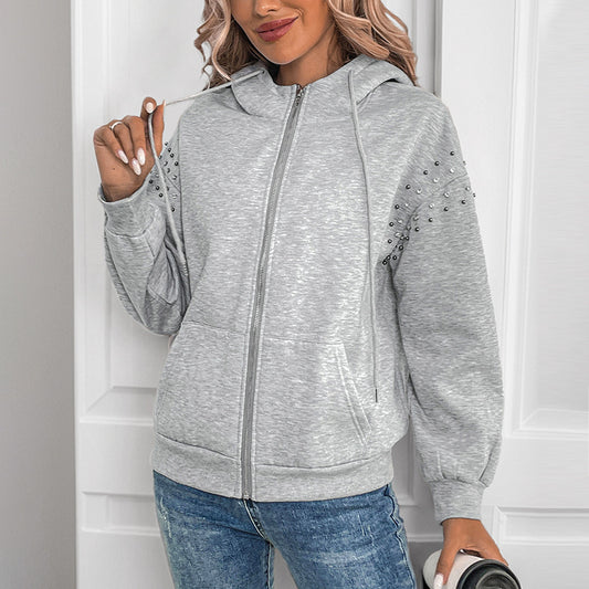 Zip Up Hoodies Rivet Long Sleeve Casual Solid Sweatshirts