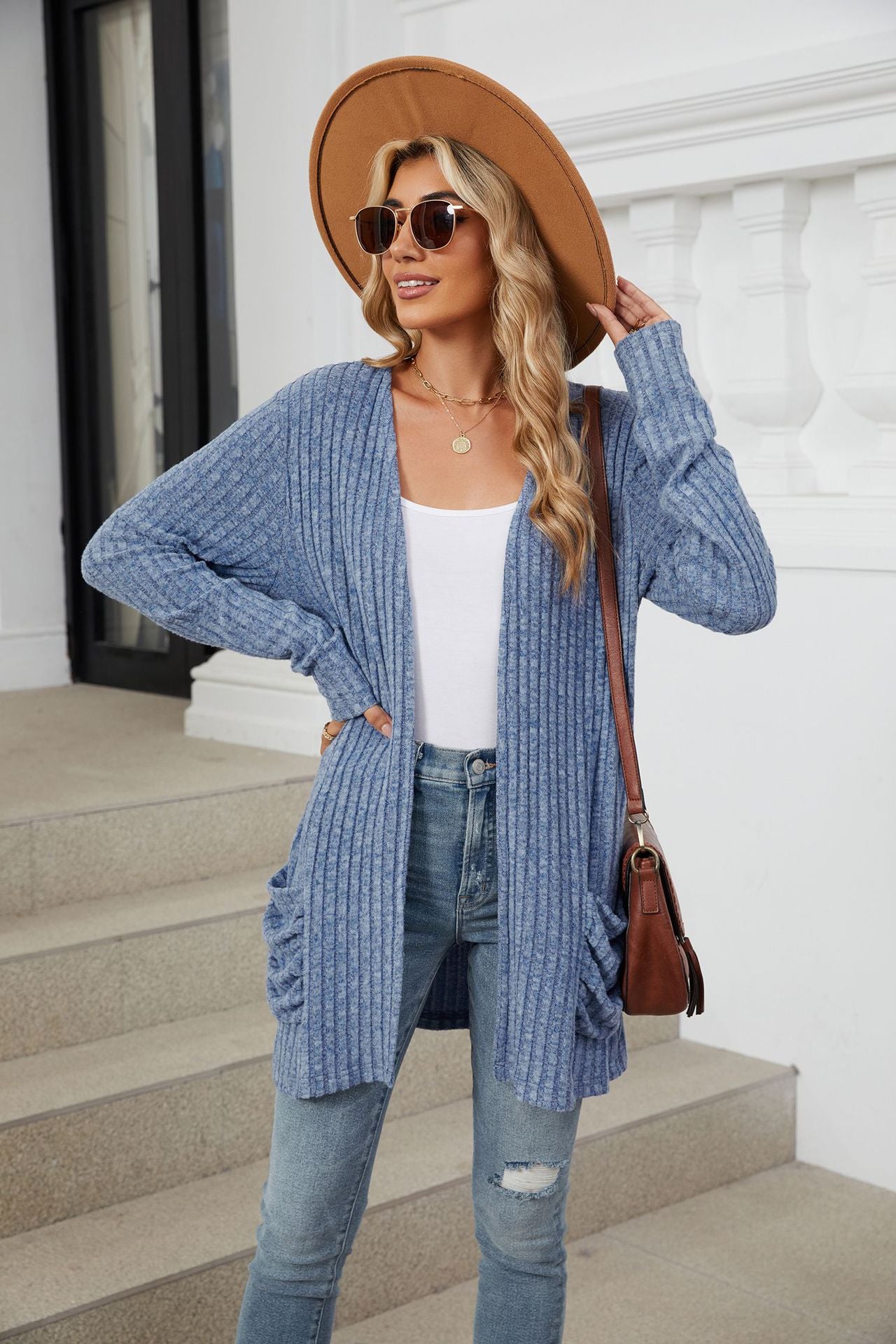 Solid Color Pocket Long-sleeved Bottom Cardigan Knitted Sweater