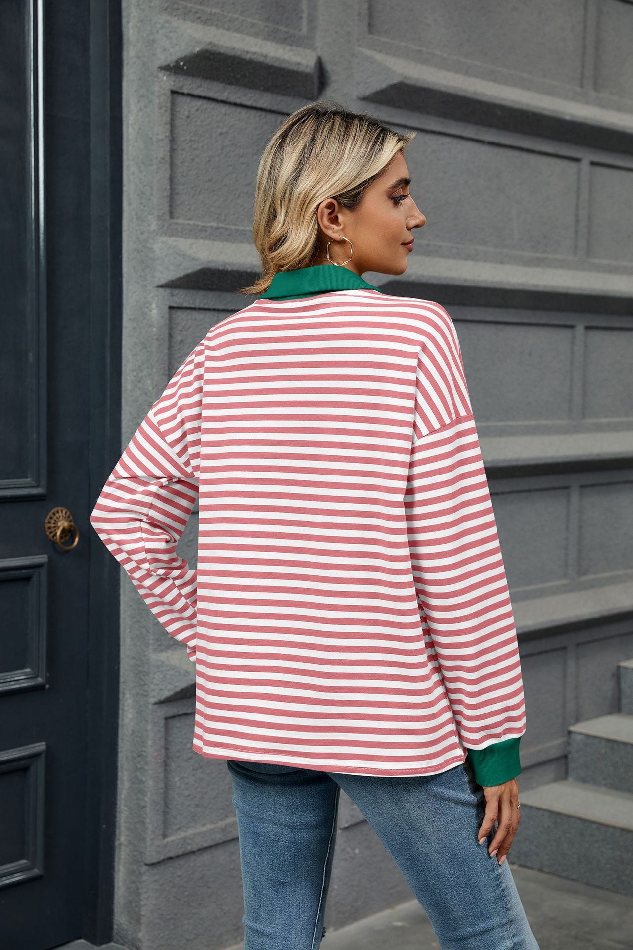 Lapel Loose Long Sleeve Striped Sweater