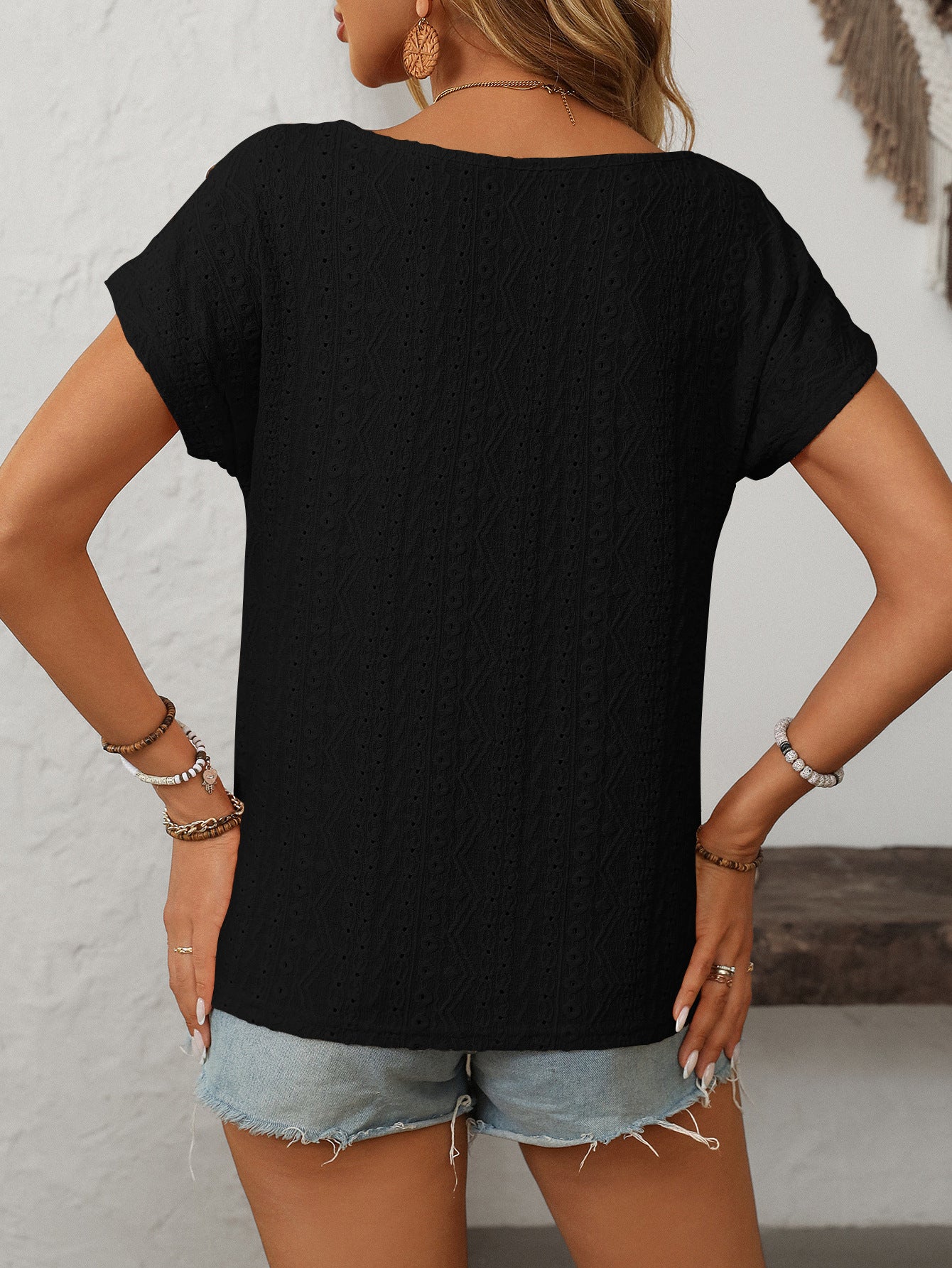 Solid Crewneck Button Short-sleeved Cut-out Top