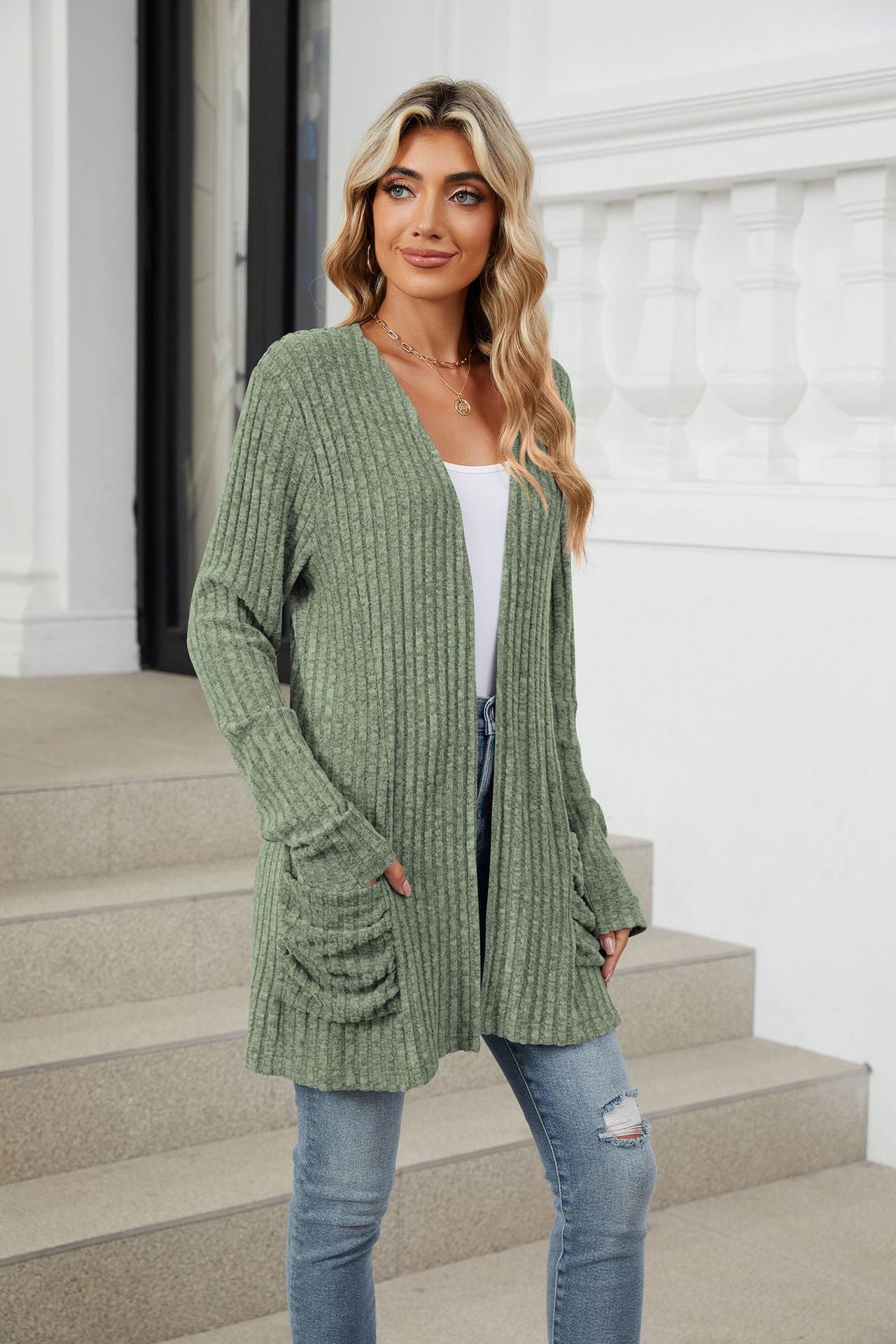 Solid Color Pocket Long-sleeved Bottom Cardigan Knitted Sweater