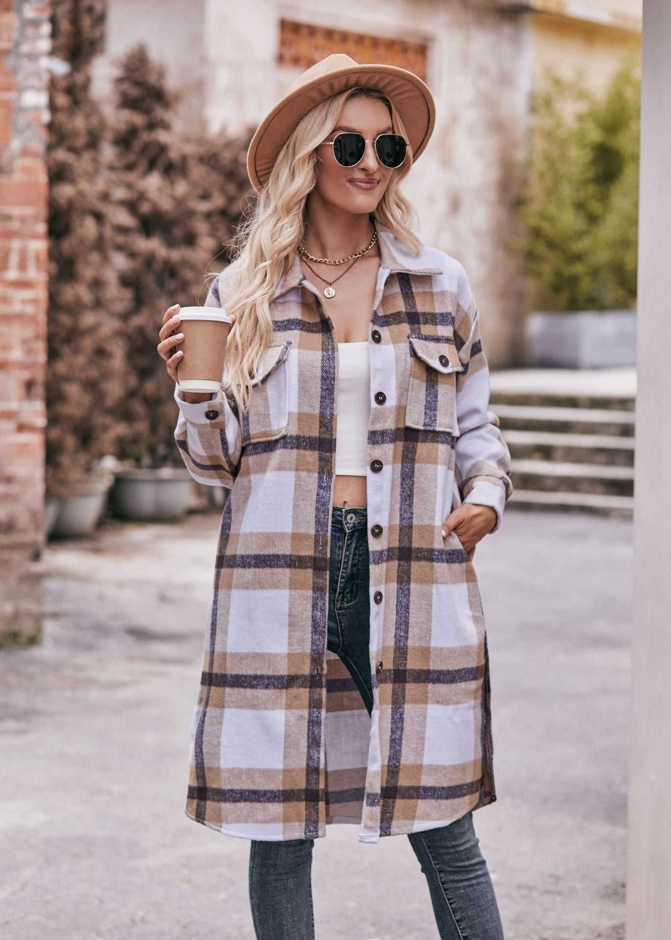 Women's Casual Flannel Plaid Shirt Long Jacket