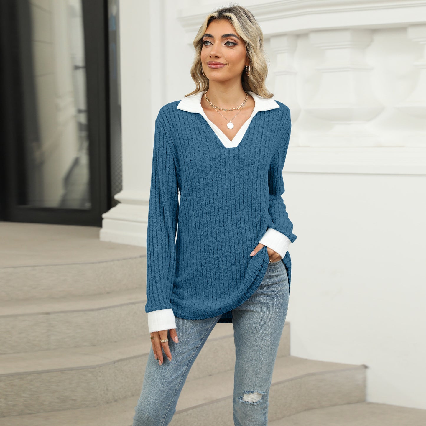 Contrasting Lapel Long Sleeve Loose T-Shirt Top