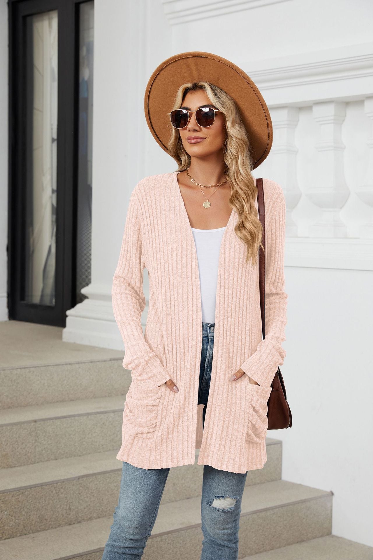 Solid Color Pocket Long-sleeved Bottom Cardigan Knitted Sweater