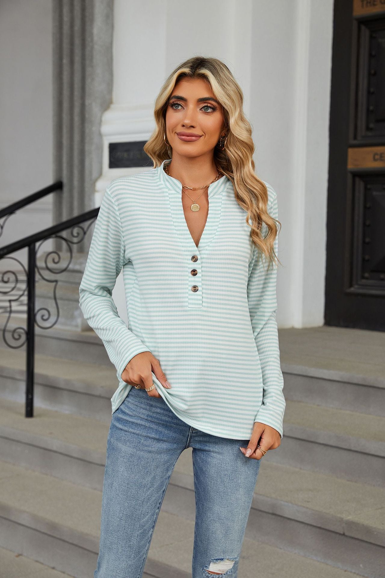 V-neck Button Striped Loose Long Sleeves