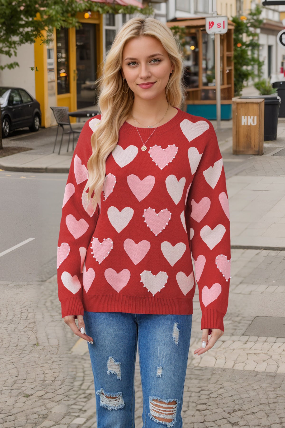 Valentine's Day Oversized Sweaters Heart Peach Print Pullover Tops