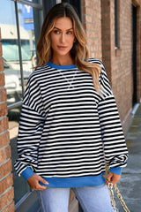 Women Color Striped Crew Neck Loose Sweatshirt Sweater