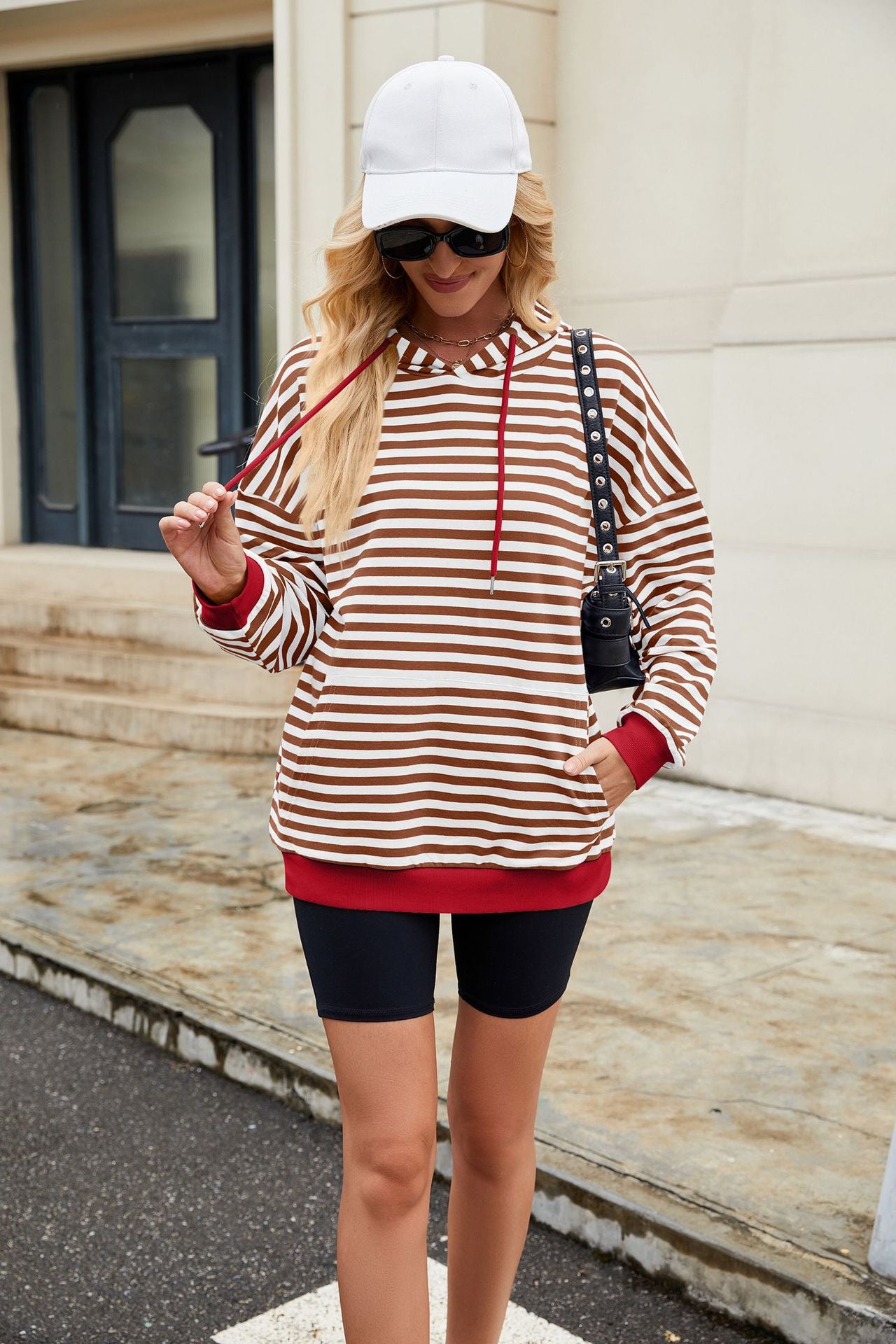 Striped Contrast Casual Hooded Loose Pocket Sweater