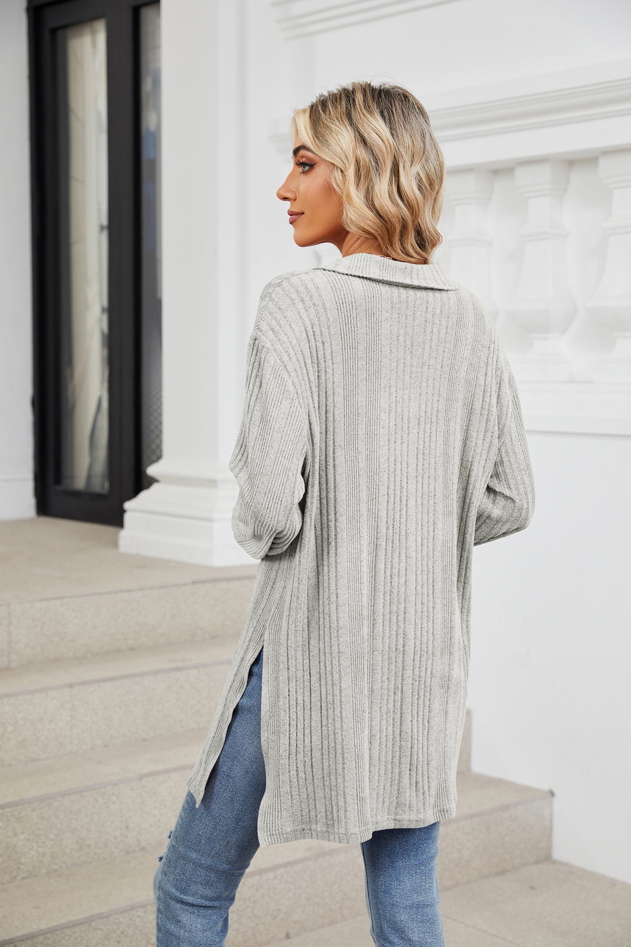 Solid Color V-neck Long-sleeved Loose T-shirt Top