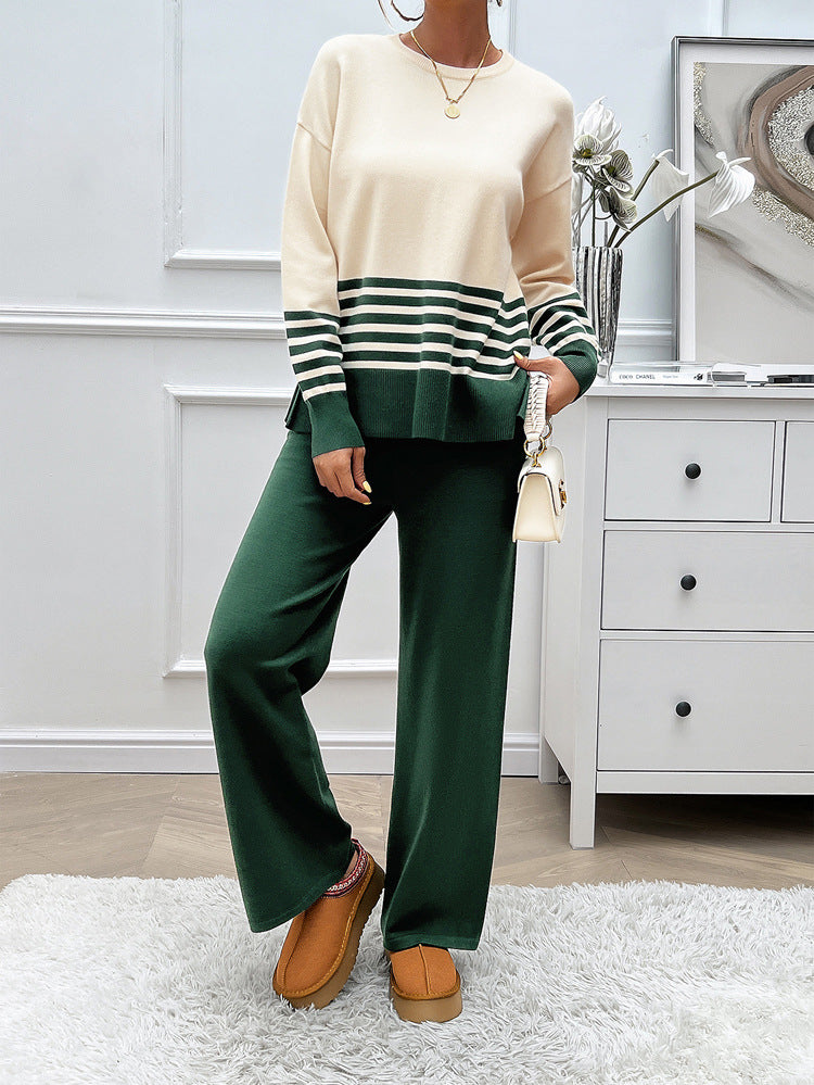 Women's Casual Loose Contrasting Color Straight Trousers Sweater Set