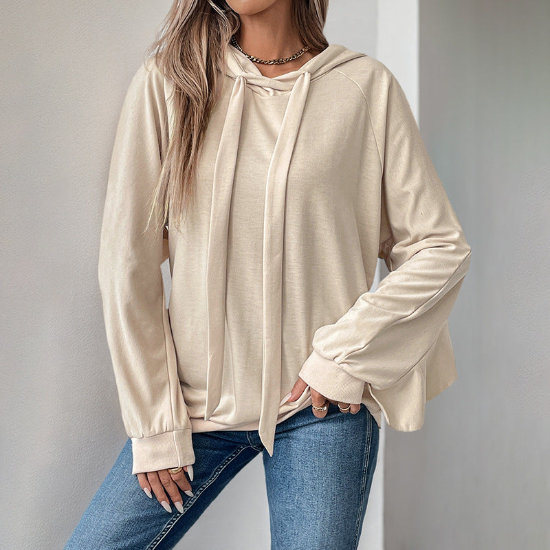 Drawstring Hooded Ruffle Edge Long Sleeve Pocket Solid Color Sweater Women