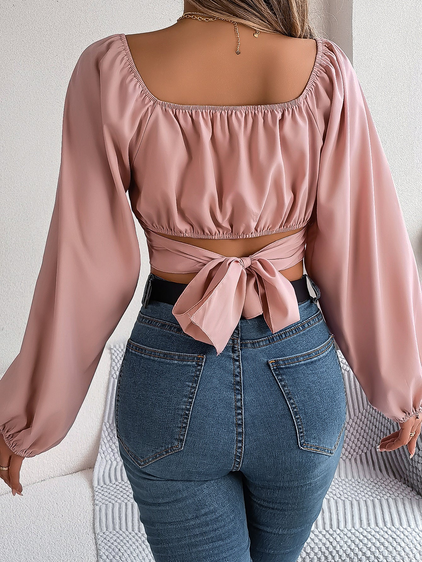 Women's Tops Casual Lantern Sleeve Tie Waist Chiffon Crop Top