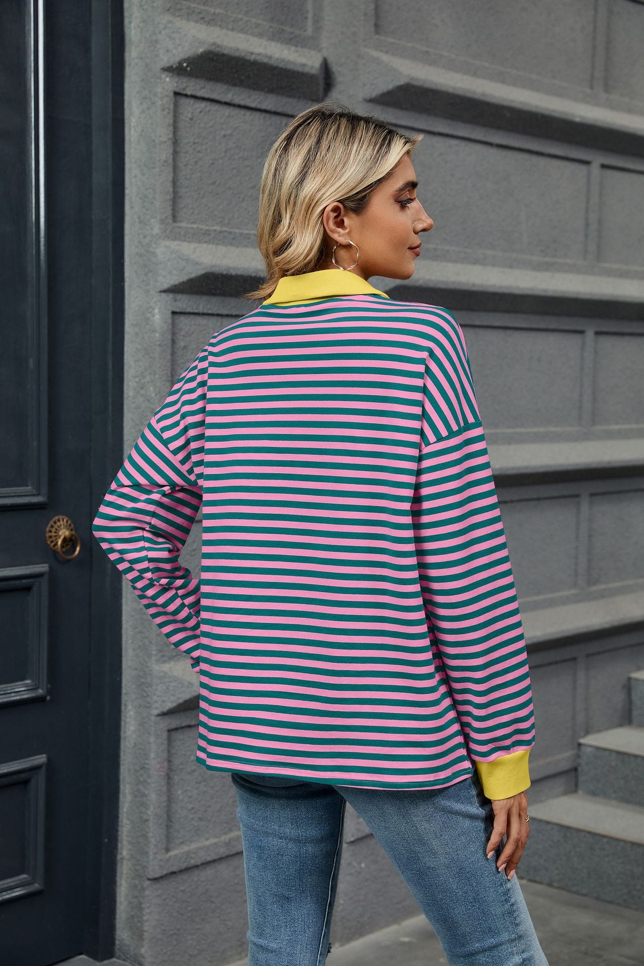 Lapel Loose Long Sleeve Striped Sweater