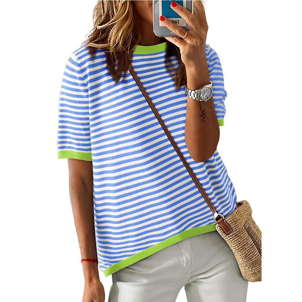 Women's Crew Neck Striped Contrast Short Sleeve Casual Sweater