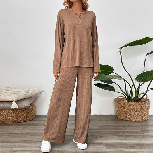 Button-down Texture Fabric Solid Color Wide-leg Pants Set