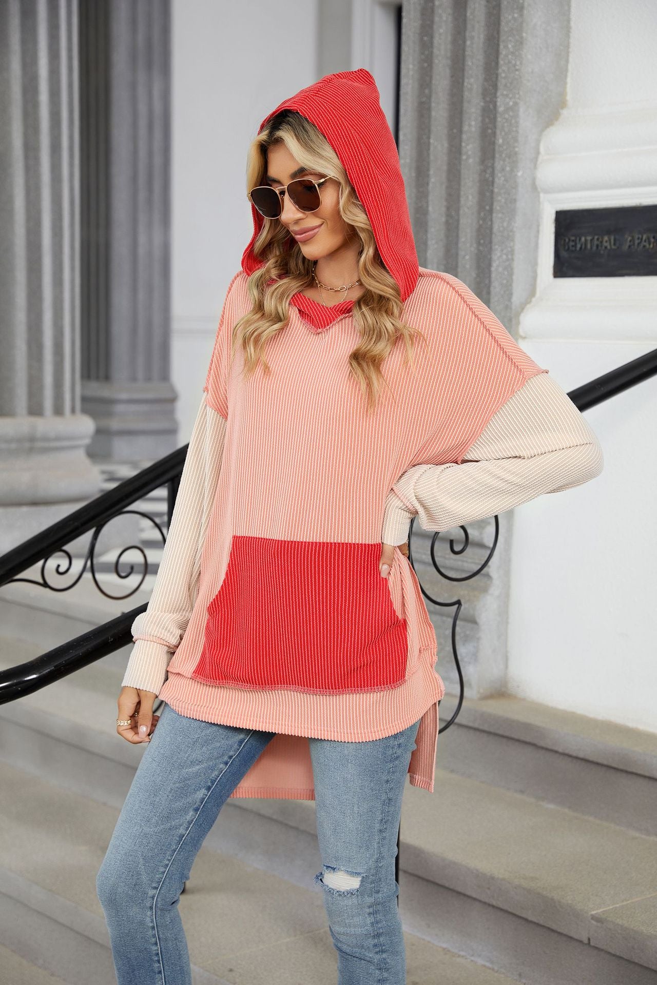 Contrasting Pockets Long Sleeves Loose Hooded Sweater