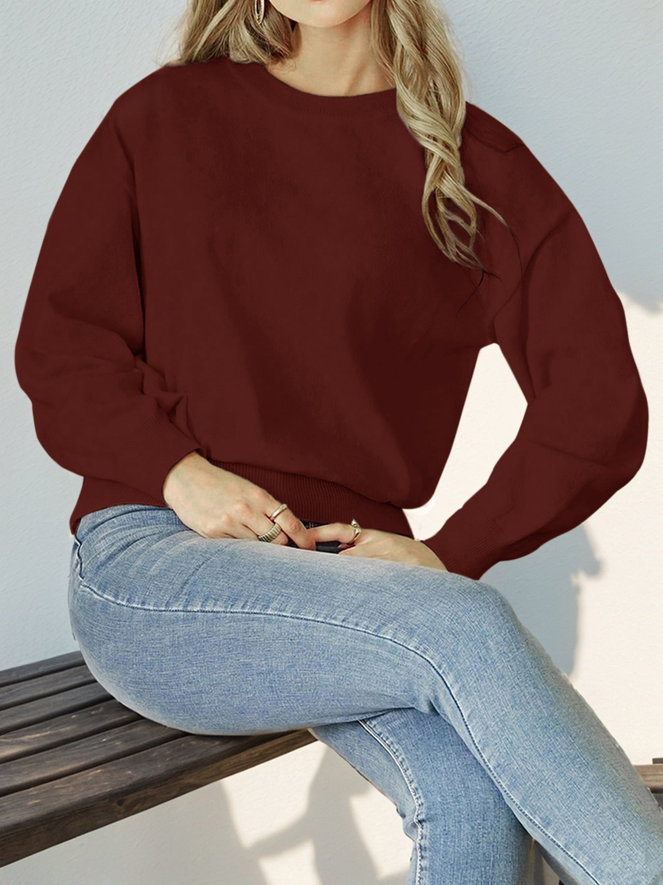 Crew Neck Long Sleeve Solid Color Sweater Women