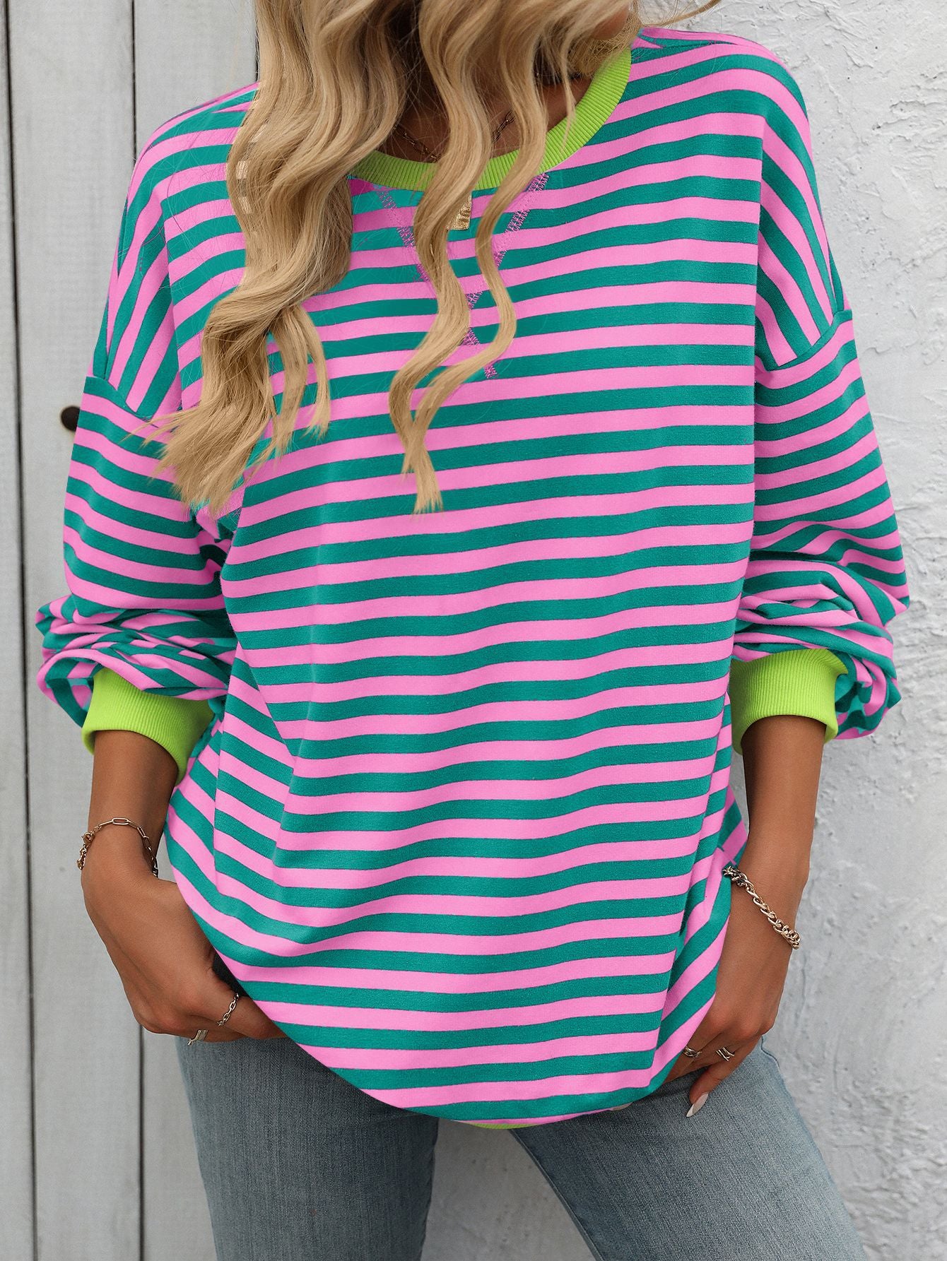 Women Color Striped Crew Neck Loose Sweatshirt Sweater