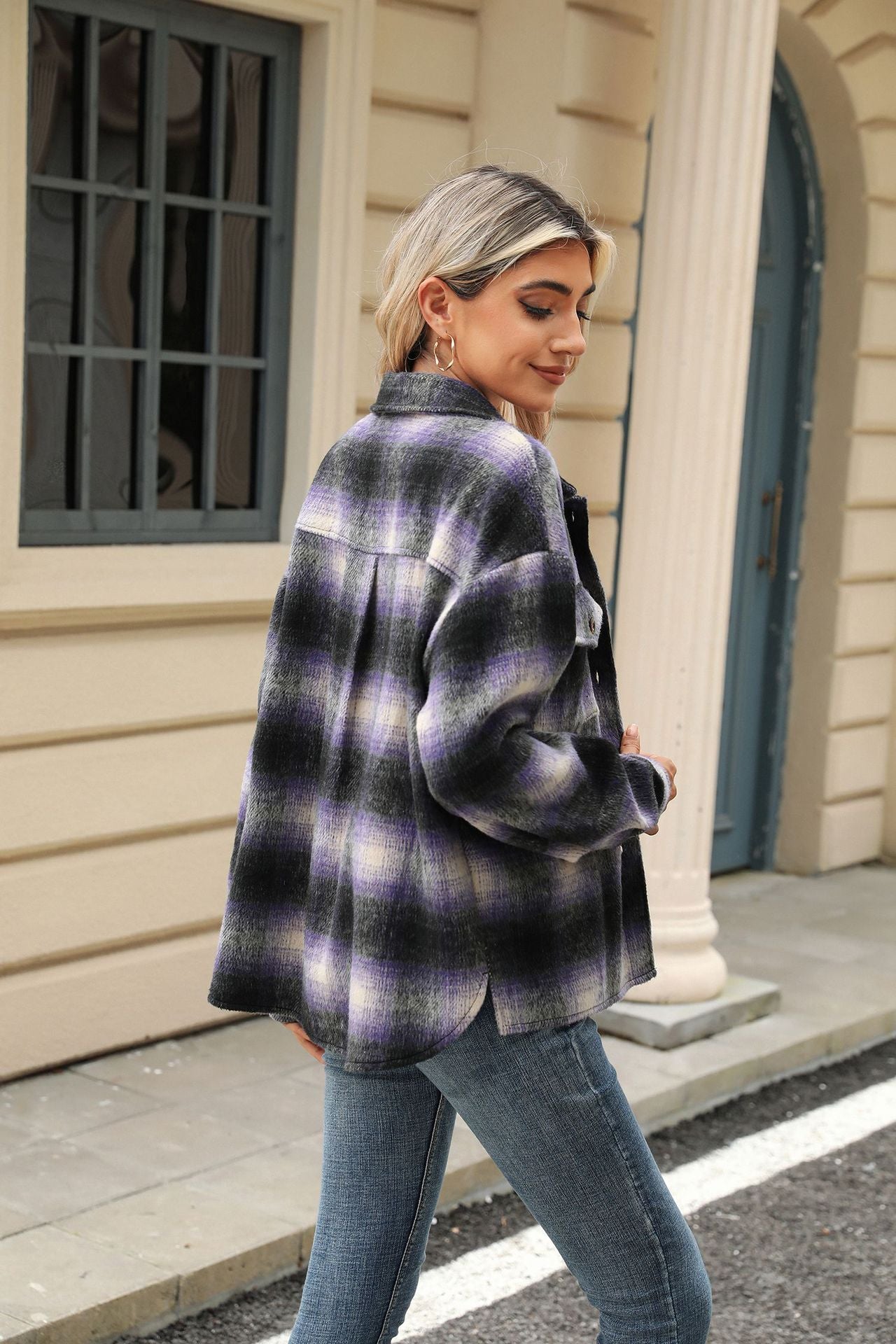 Lapel Plaid Long-sleeved Loose Woolen Jacket