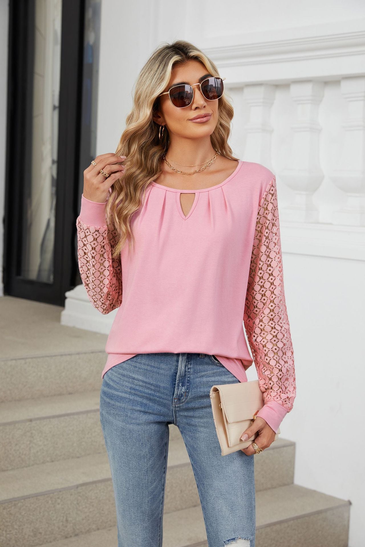 Solid Color Lace Splicing Loose Long-sleeved T-shirt Top